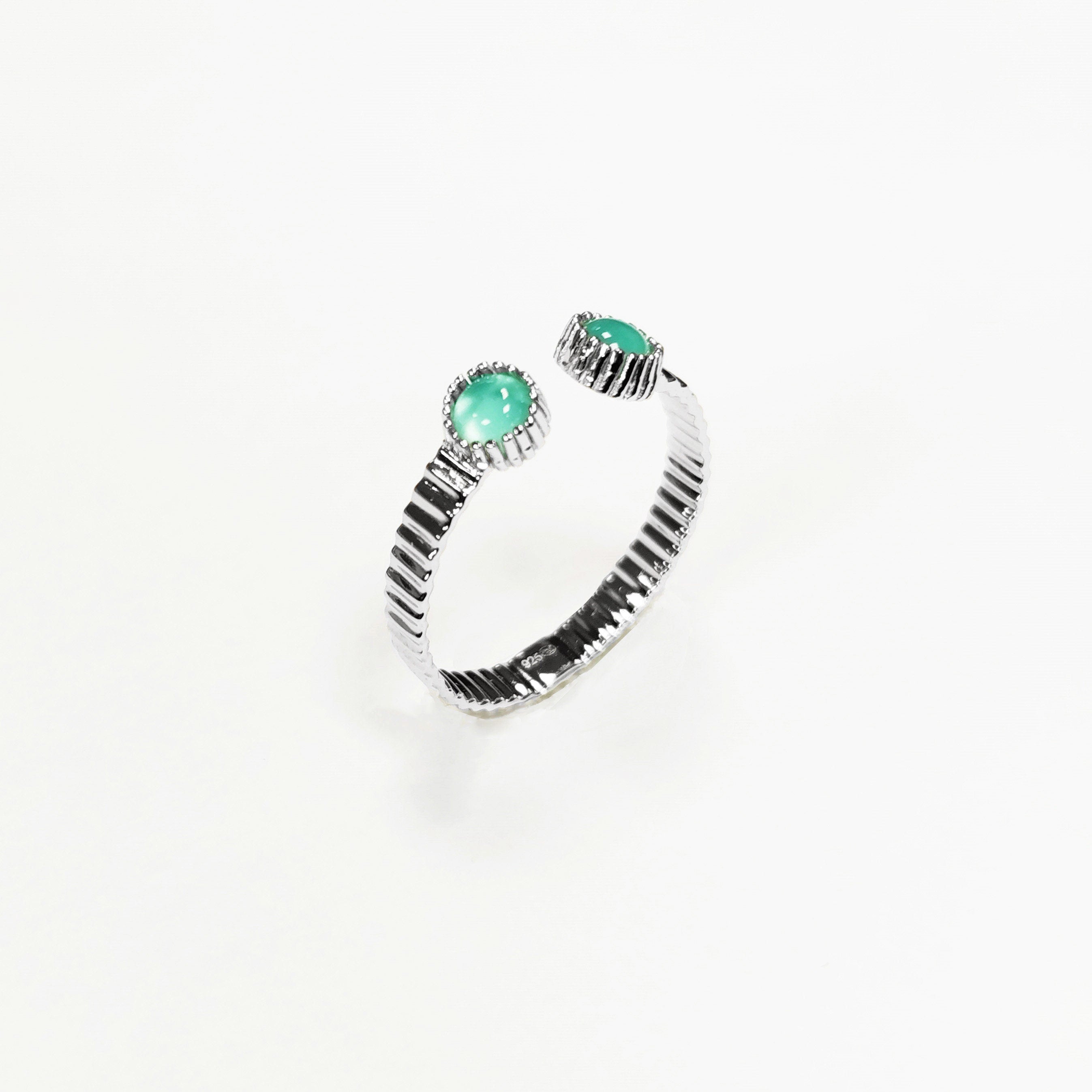 Green open striped ring, sterling silver, round amazonite stones, textured stripes lines band, designer modern stone jewelry, woman gift