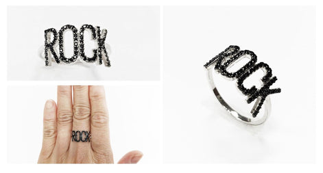 Rock music ring, sterling silver, black lab stone (cz) stone, rock and roll fanatic lover jewelry, rebel rock 'n' roll fan, women gift