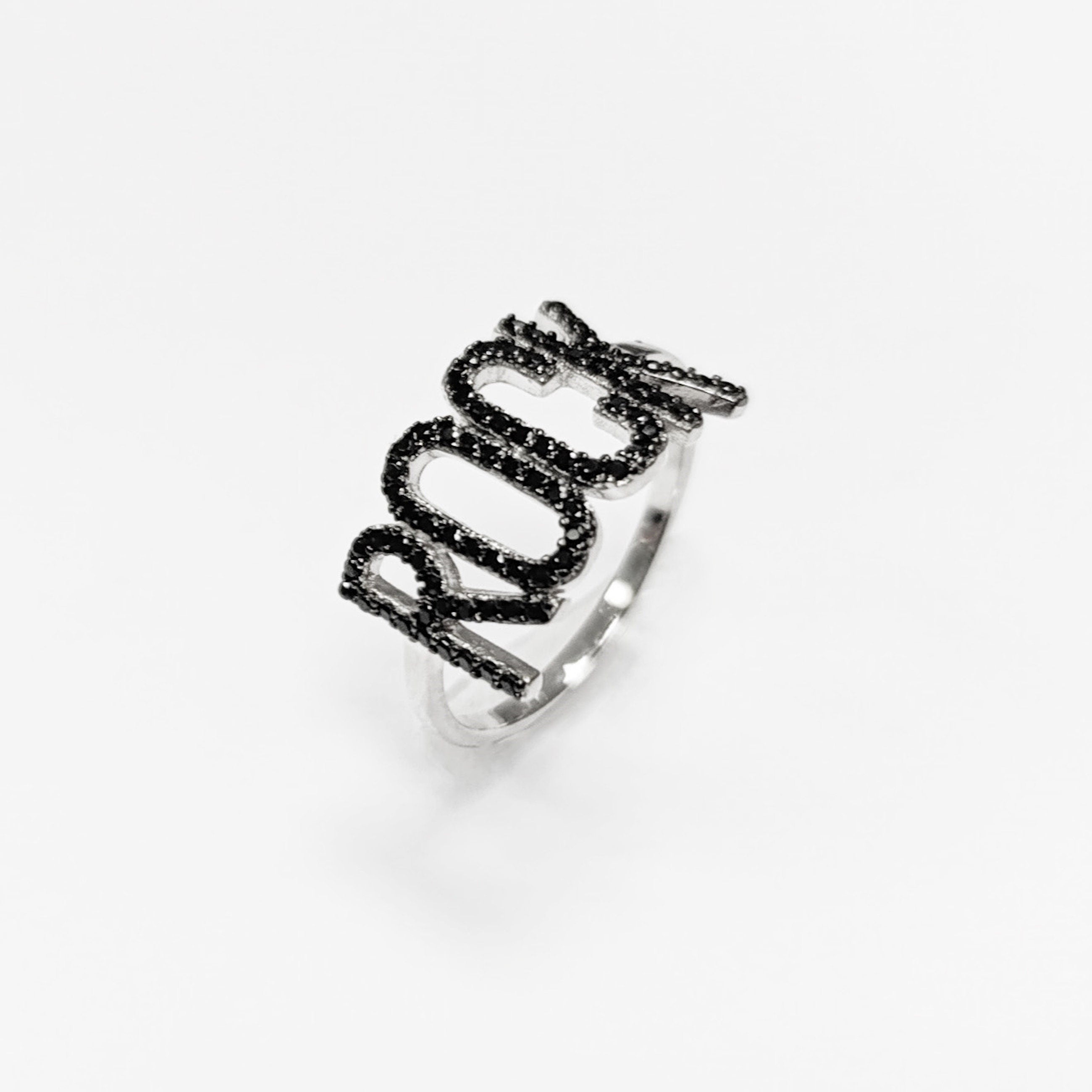 Rock music ring, sterling silver, black lab stone (cz) stone, rock and roll fanatic lover jewelry, rebel rock 'n' roll fan, women gift