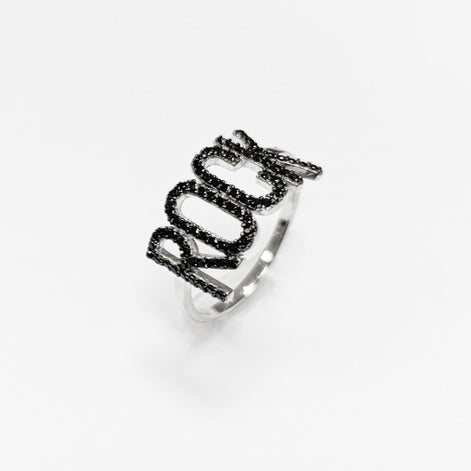 Rock music ring, sterling silver, black lab stone (cz) stone, rock and roll fanatic lover jewelry, rebel rock 'n' roll fan, women gift