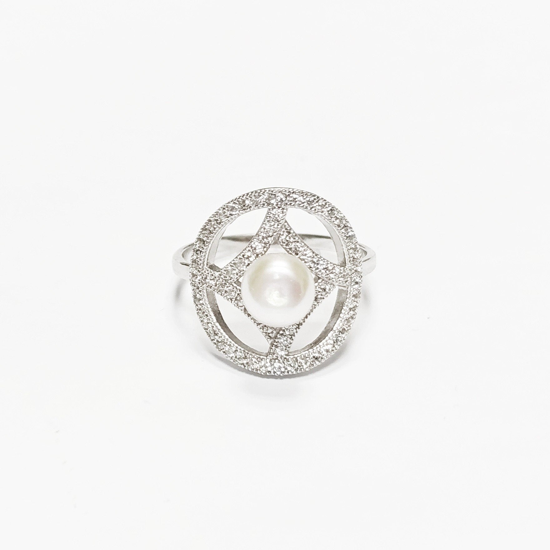 Halo Pearl Ring, Sterling Silver, Round Pearl Jewelry, genuine white shell pearl, star design setting sparkling Cz stones ring, woman gift
