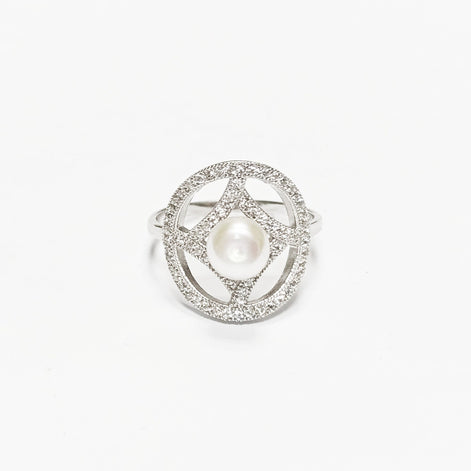 Halo Pearl Ring, Sterling Silver, Round Pearl Jewelry, genuine white shell pearl, star design setting sparkling Cz stones ring, woman gift