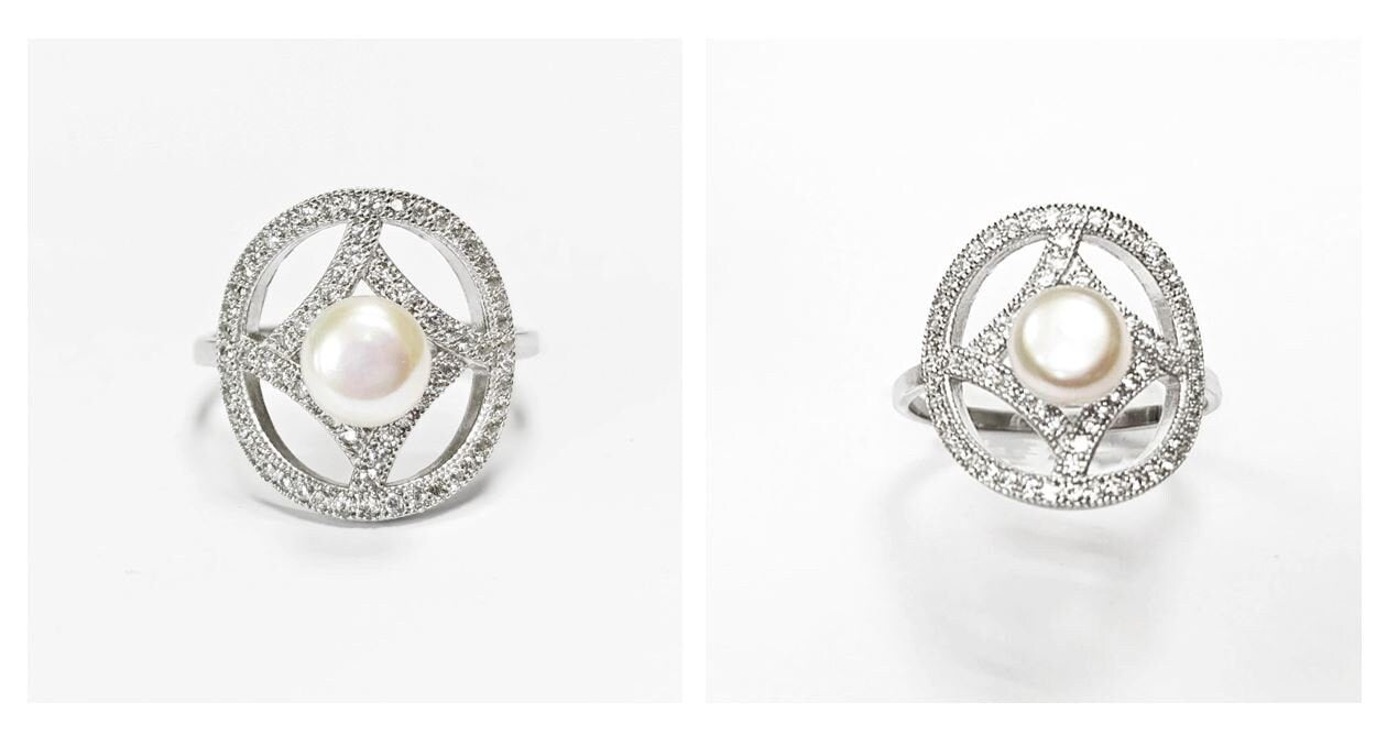 Halo Pearl Ring, Sterling Silver, Round Pearl Jewelry, genuine white shell pearl, star design setting sparkling Cz stones ring, woman gift