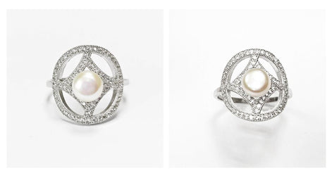 Halo Pearl Ring, Sterling Silver, Round Pearl Jewelry, genuine white shell pearl, star design setting sparkling Cz stones ring, woman gift