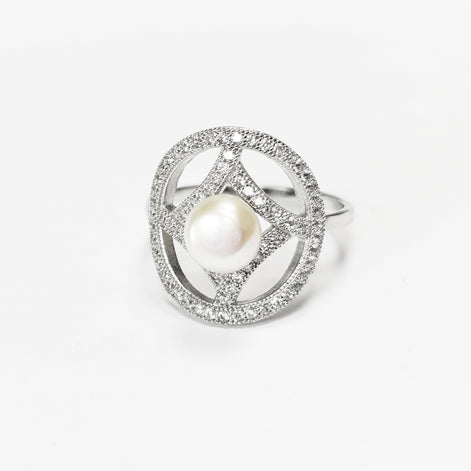 Halo Pearl Ring, Sterling Silver, Round Pearl Jewelry, genuine white shell pearl, star design setting sparkling Cz stones ring, woman gift