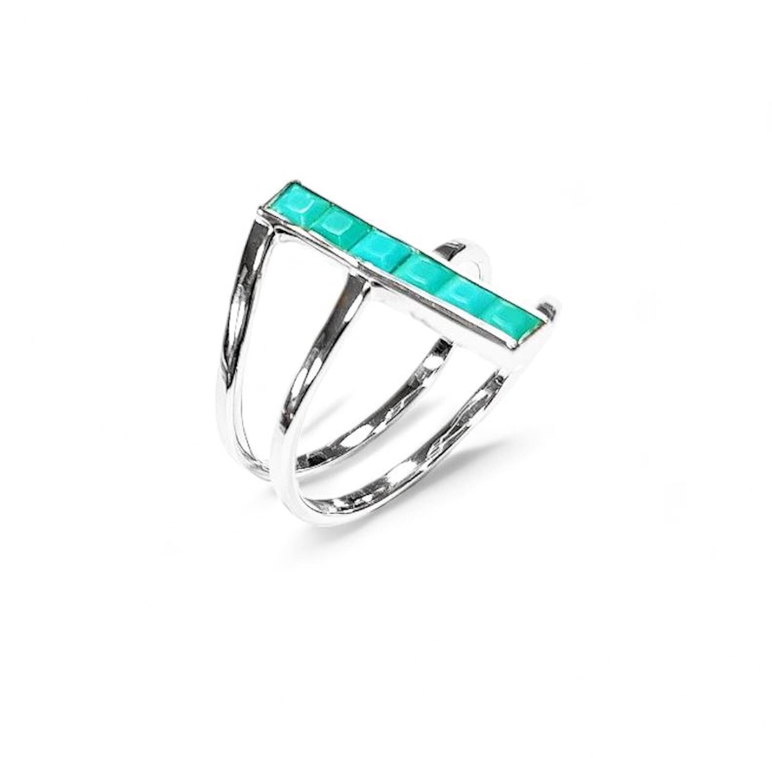 Turquoise Bypass Ring, Sterling Silver, Enhanced Blue Turquoise Stones Jewelry, Sleek Inlay Modern Turquoise Band, Minimalist Flat Stone