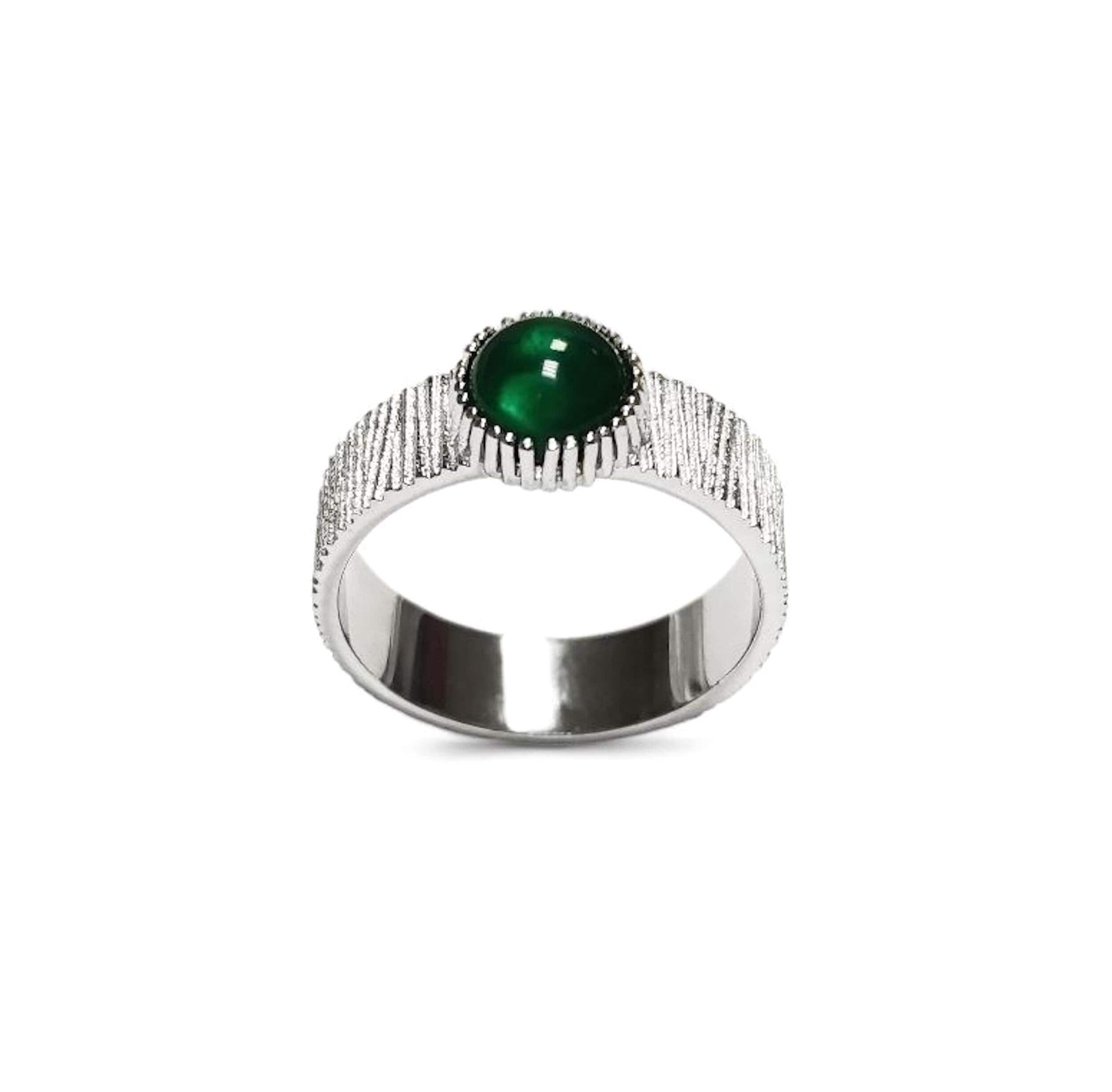 Bague agate verte, argent 925, pierre verte ronde, anneau texturé, bague design moderne, bijou minimaliste, idée cadeau pour elle