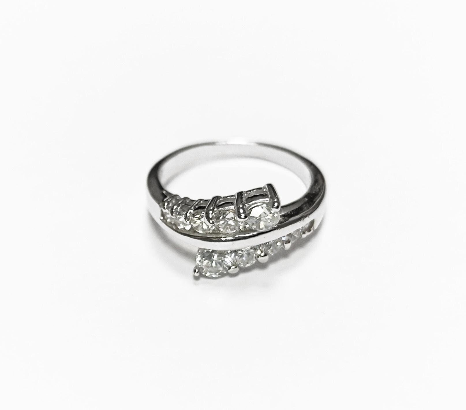 Sterling Silver Bypass Ring, White CZ Stones, Promise Ring