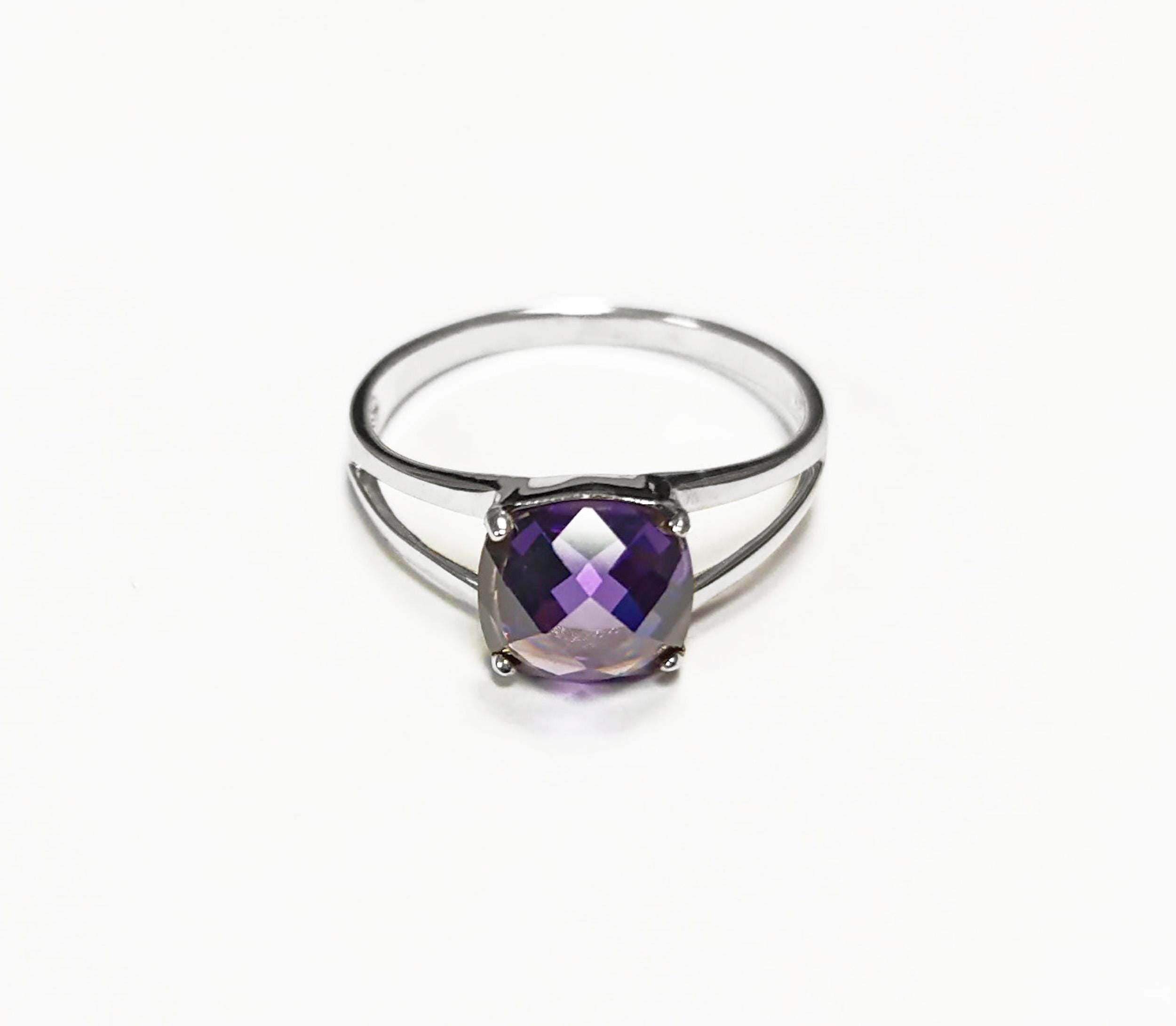 Purple Stone Ring, Sterling Silver, Purple Amethyst Color Faceted Square Stone (CZ), Modern Minimalist Square Solitaire, Jewelry gift for woman