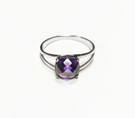 Purple Stone Ring, Sterling Silver, Purple Amethyst Color Faceted Square Stone (CZ), Modern Minimalist Square Solitaire, Jewelry gift for woman
