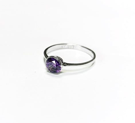 Purple Stone Ring, Sterling Silver, Comfortable Low Round Setting Ring, Amethyst simulant Stone (CZ), Minimalist Purple Solitaire Ring