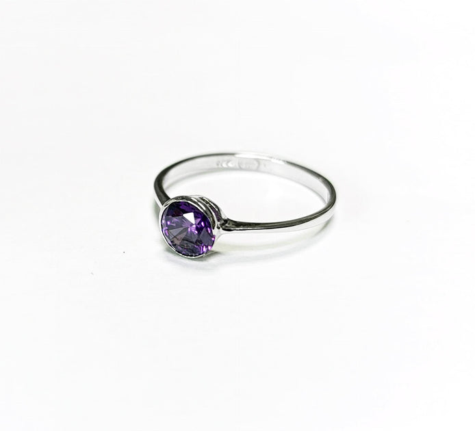 Purple Stone Ring, Sterling Silver, Comfortable Low Round Setting Ring, Amethyst simulant Stone (CZ), Minimalist Purple Solitaire Ring