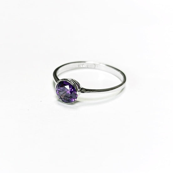 Purple Stone Ring, Sterling Silver, Comfortable Low Round Setting Ring, Amethyst simulant Stone (CZ), Minimalist Purple Solitaire Ring