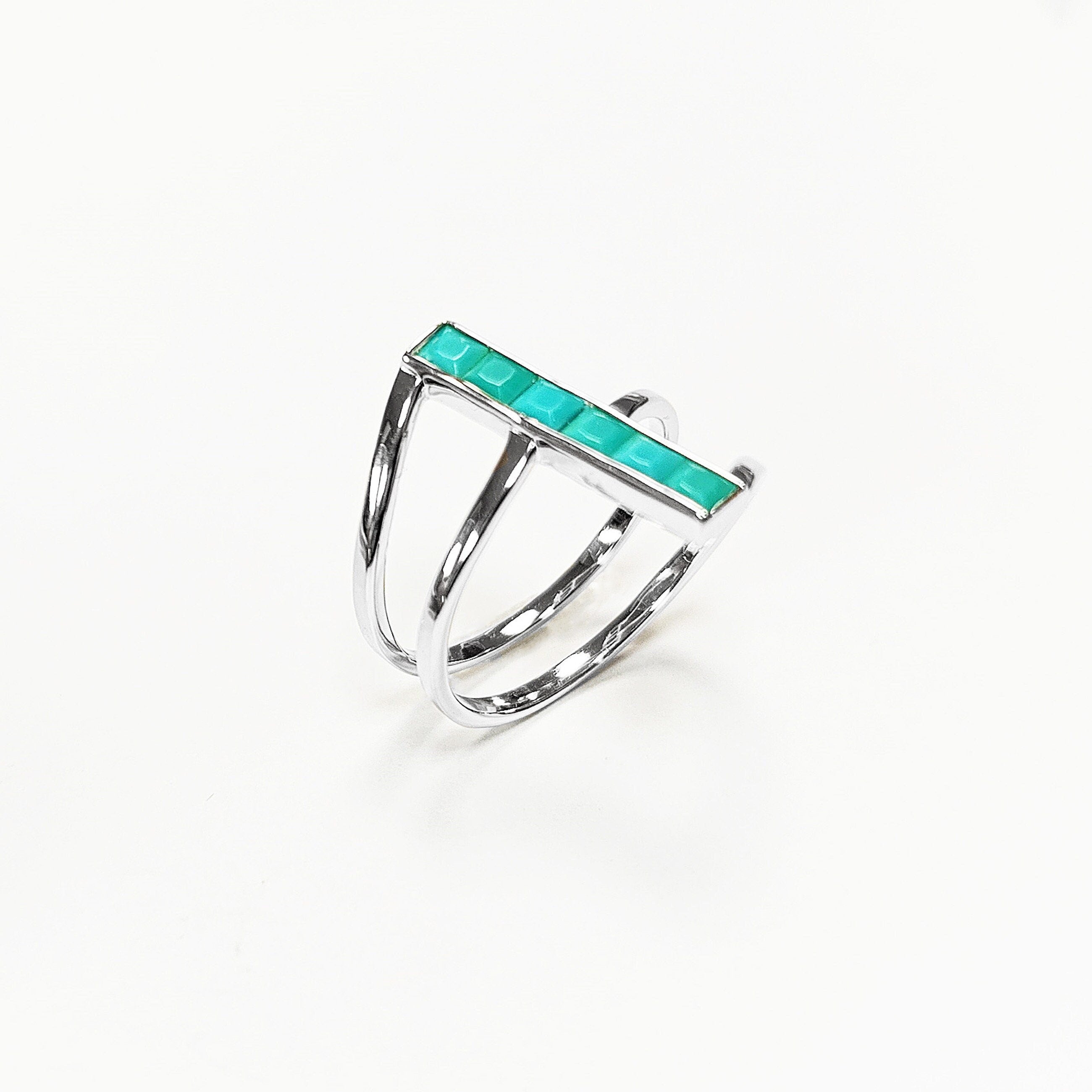 Turquoise Bypass Ring, Sterling Silver, Enhanced Blue Turquoise Stones Jewelry, Sleek Inlay Modern Turquoise Band, Minimalist Flat Stone