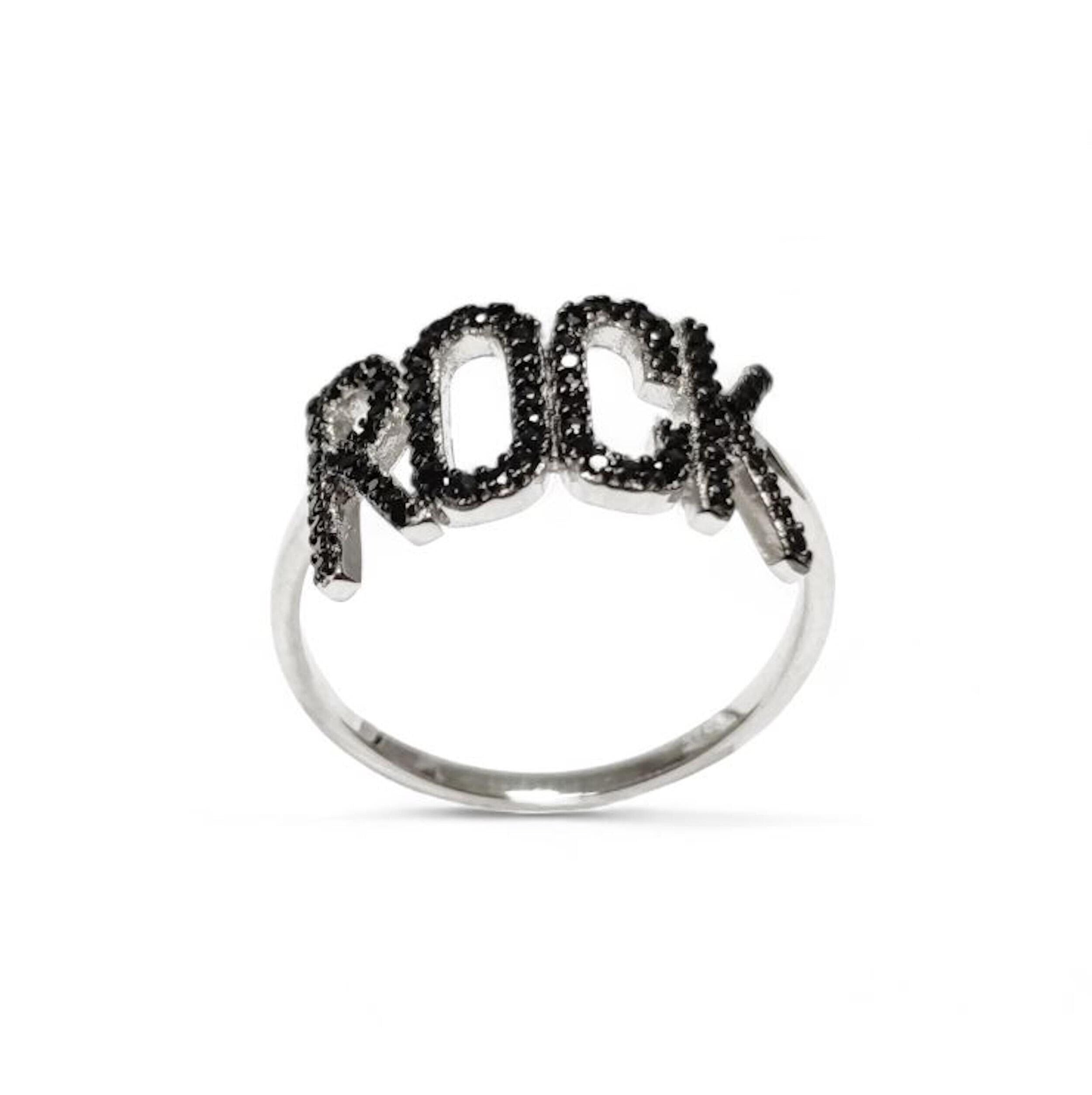 Rock music ring, sterling silver, black lab stone (cz) stone, rock and roll fanatic lover jewelry, rebel rock 'n' roll fan, women gift