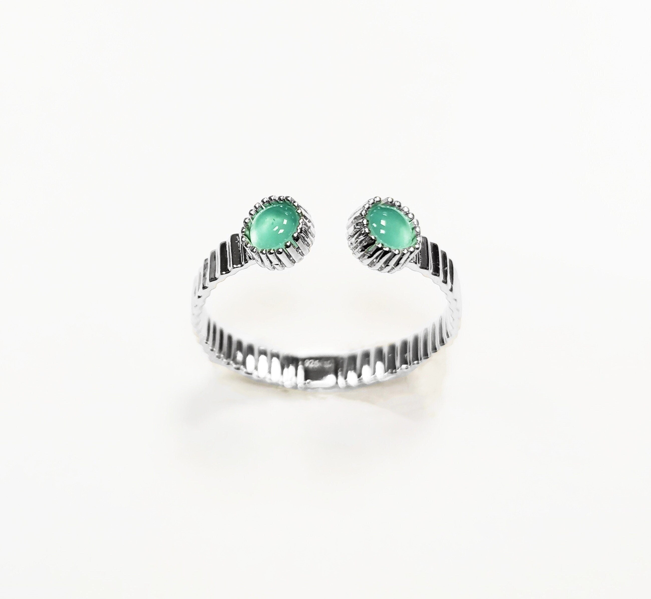 Green open striped ring, sterling silver, round amazonite stones, textured stripes lines band, designer modern stone jewelry, woman gift