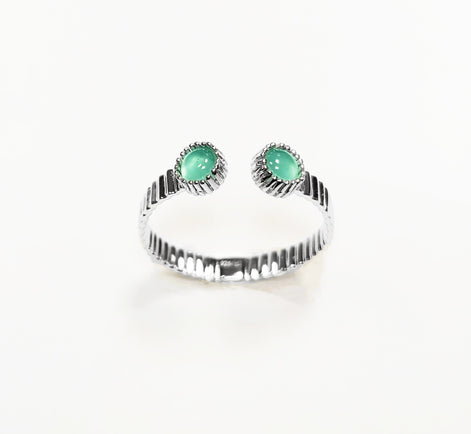Green open striped ring, sterling silver, round amazonite stones, textured stripes lines band, designer modern stone jewelry, woman gift