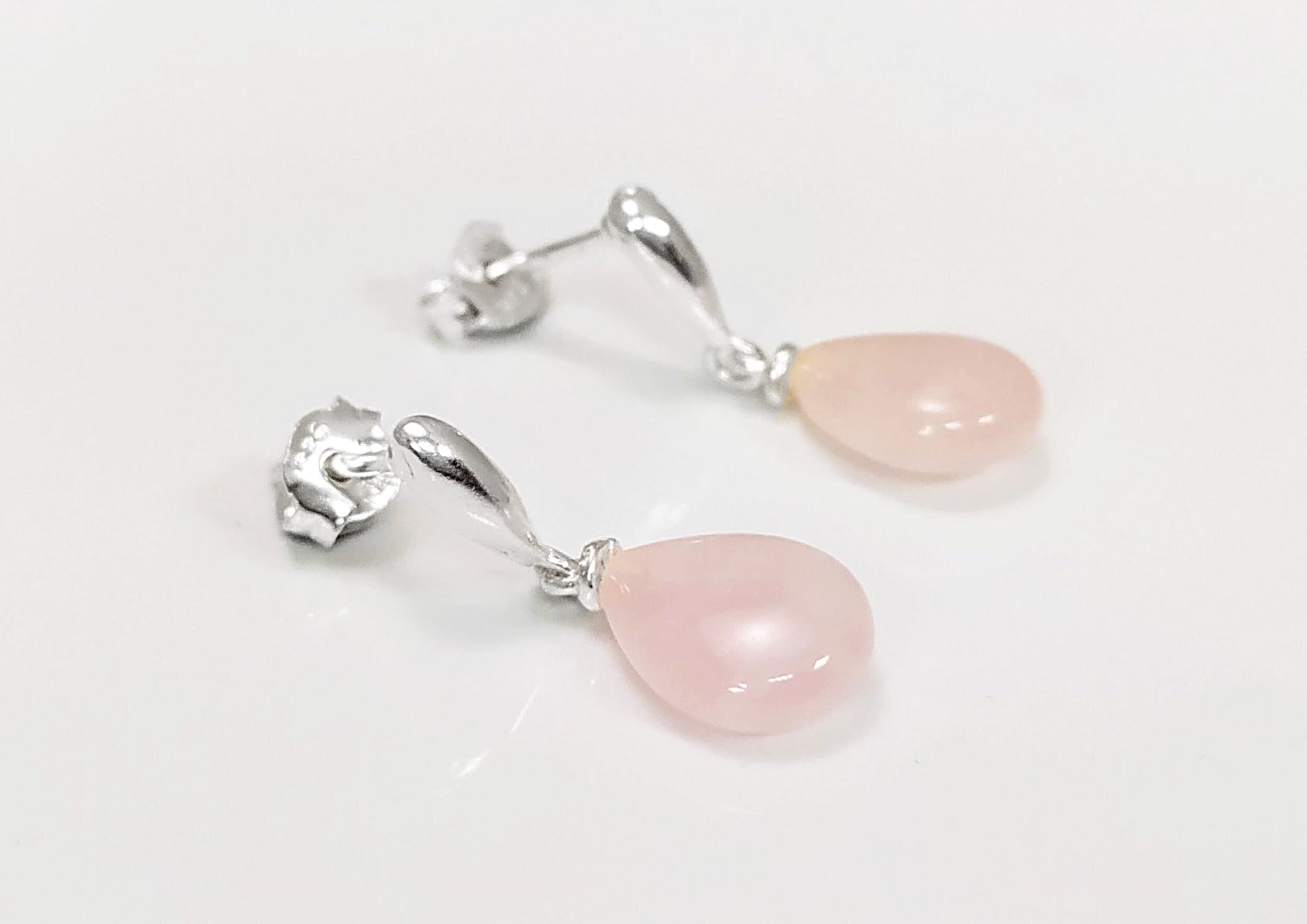 Rose Quartz Earrings Sterling Silver 925, Pink Quartz Oval Stone Earrings, Dangle Stud Earrings, Small Teardrop.