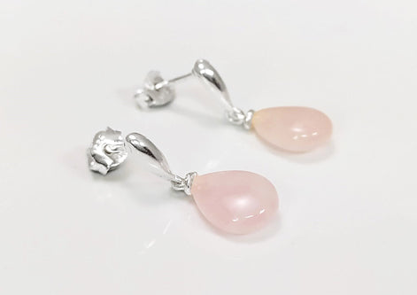 Rose Quartz Earrings Sterling Silver 925, Pink Quartz Oval Stone Earrings, Dangle Stud Earrings, Small Teardrop.