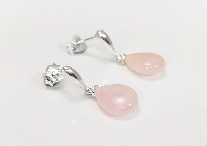 Rose Quartz Earrings Sterling Silver 925, Pink Quartz Oval Stone Earrings, Dangle Stud Earrings, Small Teardrop.