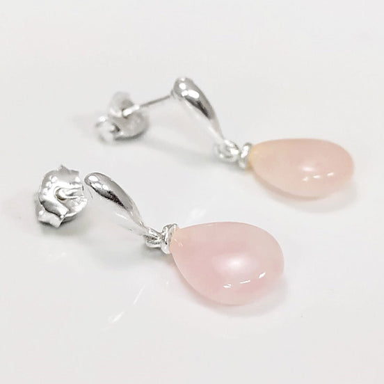 Rose Quartz Earrings Sterling Silver 925, Pink Quartz Oval Stone Earrings, Dangle Stud Earrings, Small Teardrop.