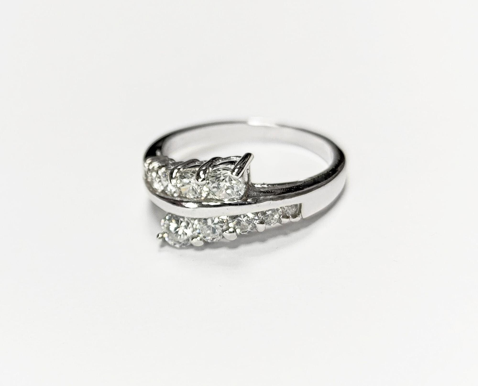 Sterling Silver Bypass Ring, White CZ Stones, Promise Ring