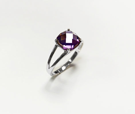 Purple Stone Ring, Sterling Silver, Purple Amethyst Color Square Stone (CZ), Modern Minimalist Square Solitaire, Jewelry gift for woman
