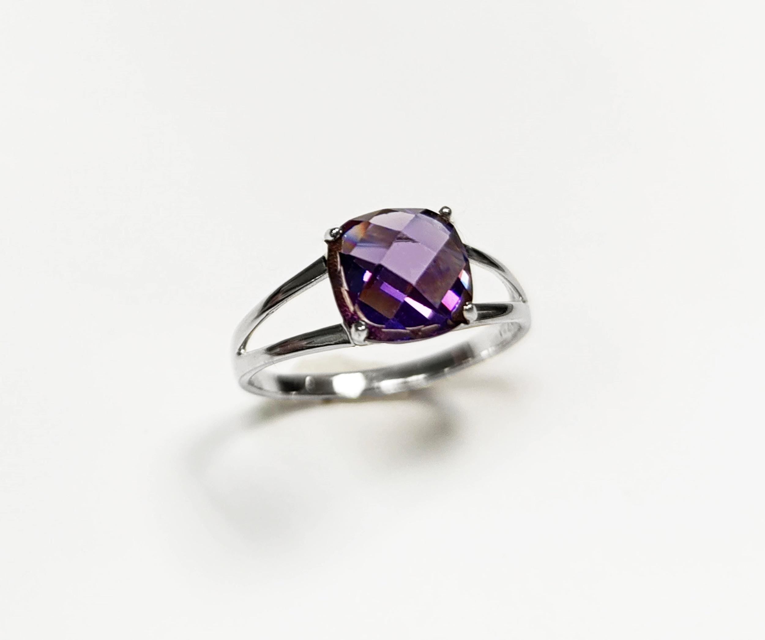 Purple Stone Ring, Sterling Silver, Purple Amethyst Color Faceted Square Stone (CZ), Modern Minimalist Square Solitaire, Jewelry gift for woman