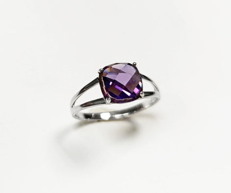 Purple Stone Ring, Sterling Silver, Purple Amethyst Color Faceted Square Stone (CZ), Modern Minimalist Square Solitaire, Jewelry gift for woman