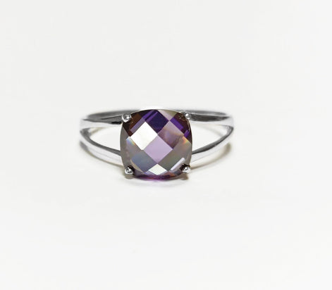 Purple Stone Ring, Sterling Silver, Purple Amethyst Color Cushion Stone (CZ), Modern Minimalist Square Solitaire, Jewelry gift for woman