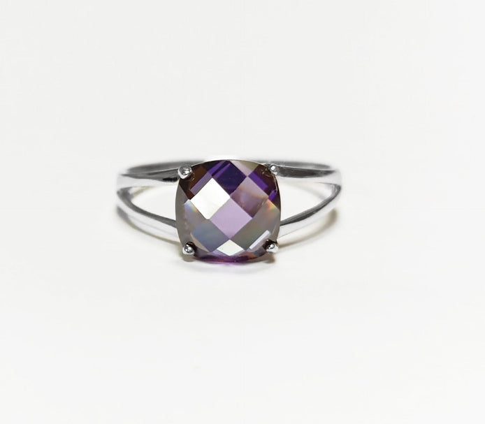 Purple Stone Ring, Sterling Silver, Purple Amethyst Color Cushion Stone (CZ), Modern Minimalist Square Solitaire, Jewelry gift for woman