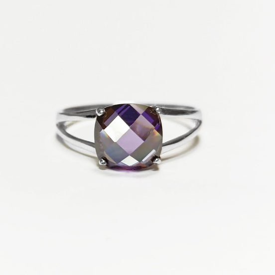 Purple Stone Ring, Sterling Silver, Purple Amethyst Color Cushion Stone (CZ), Modern Minimalist Square Solitaire, Jewelry gift for woman