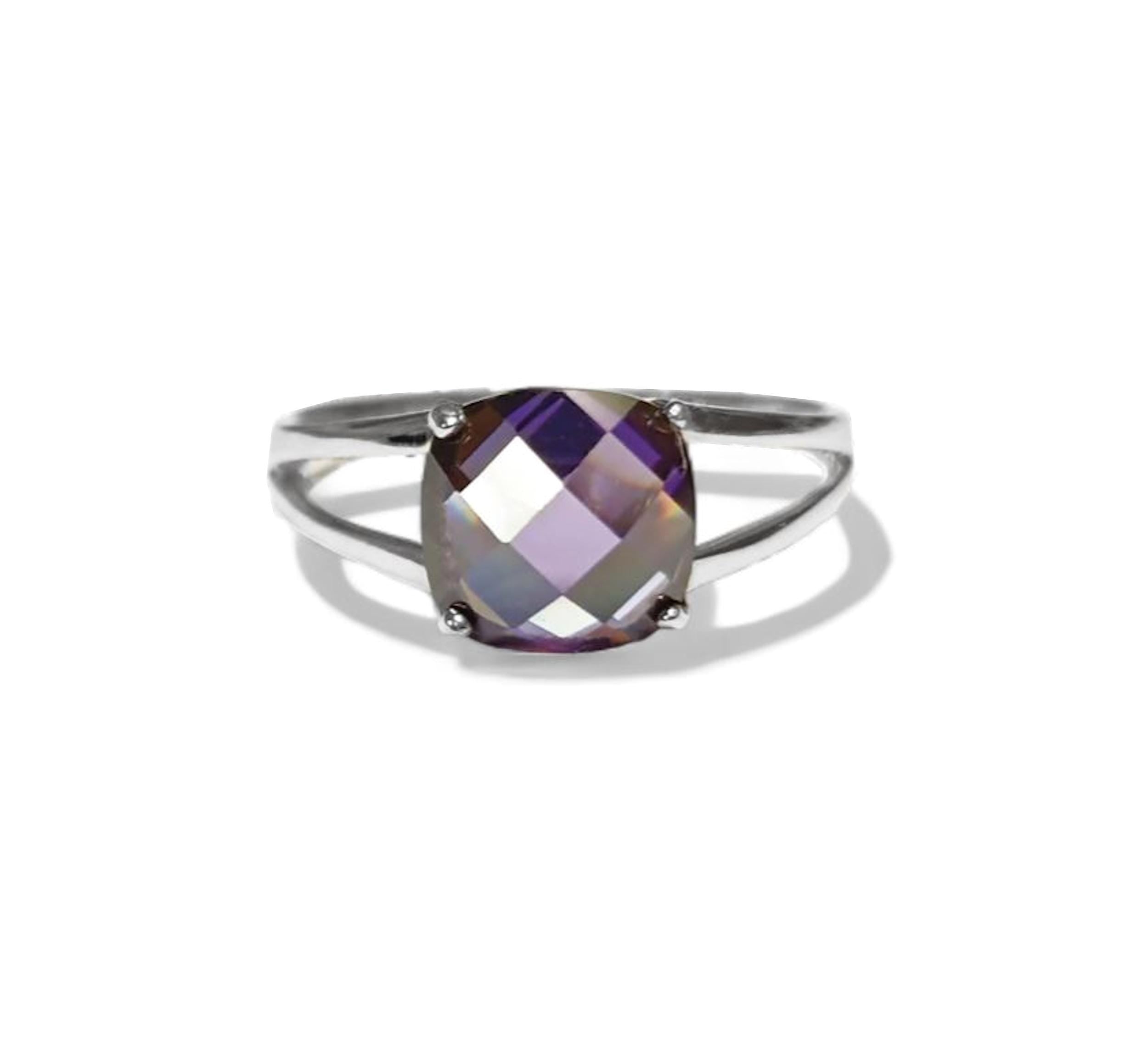 Purple Stone Ring, Sterling Silver, Purple Amethyst Color Faceted Square Stone (CZ), Modern Minimalist Square Solitaire, Jewelry gift for woman