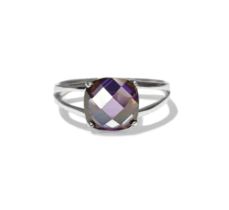 Purple Stone Ring, Sterling Silver, Purple Amethyst Color Faceted Square Stone (CZ), Modern Minimalist Square Solitaire, Jewelry gift for woman