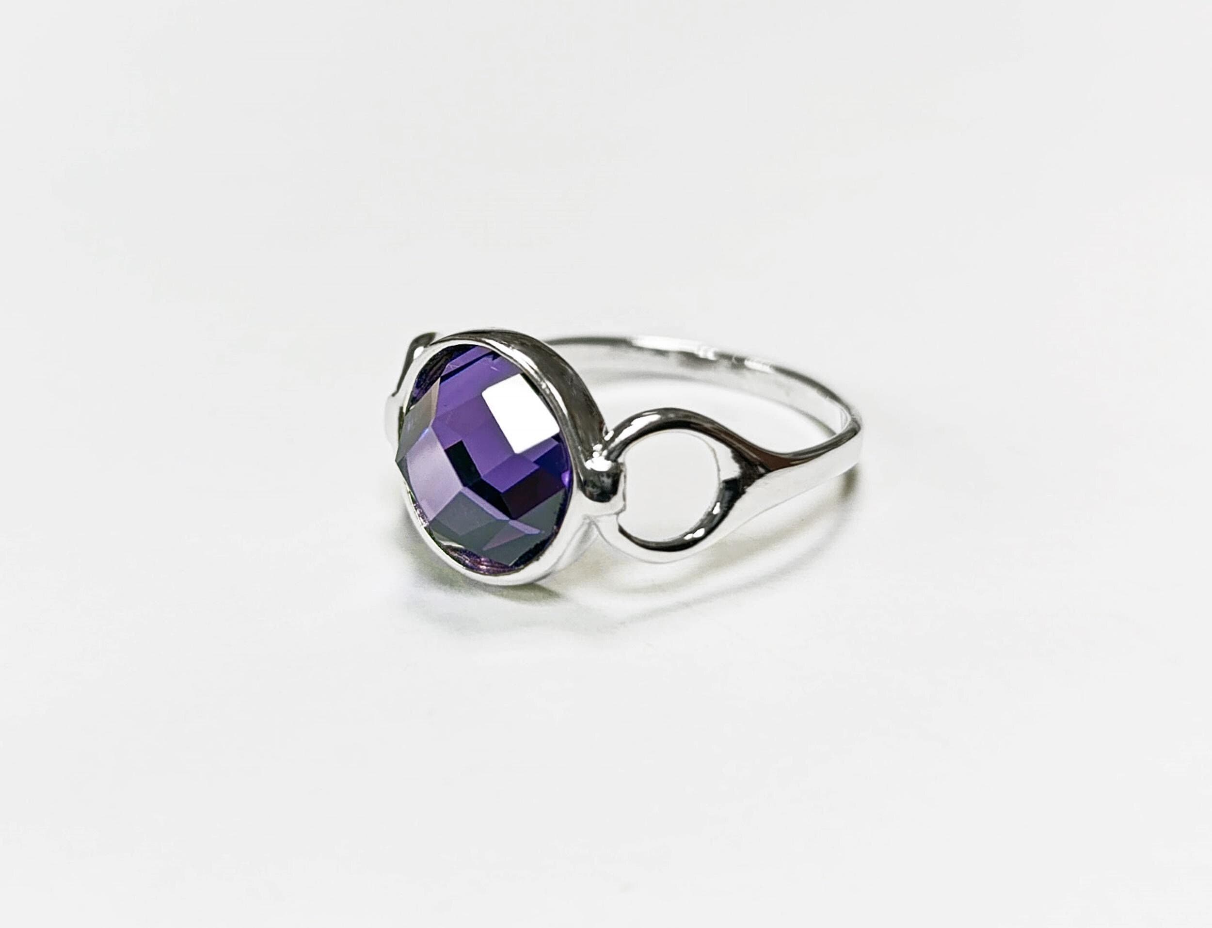Purple Ring, Sterling Silver, Amethyst Color Round Stone (CZ), Unique Faceted Round Stone, Original Solitaire Violet Stone Jewelry