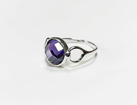 Purple Ring, Sterling Silver, Amethyst Color Round Stone (CZ), Unique Faceted Round Stone, Original Solitaire Violet Stone Jewelry