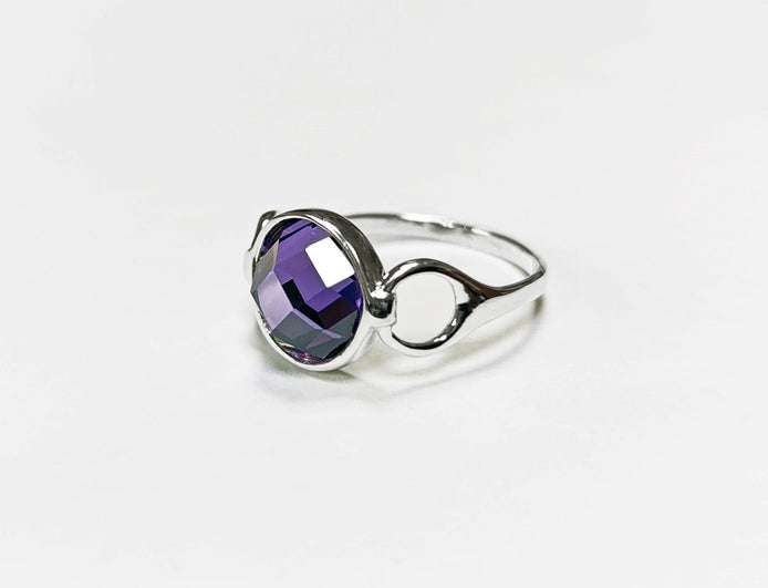 Purple Ring, Sterling Silver, Amethyst Color Round Stone (CZ), Unique Faceted Round Stone, Original Solitaire Violet Stone Jewelry