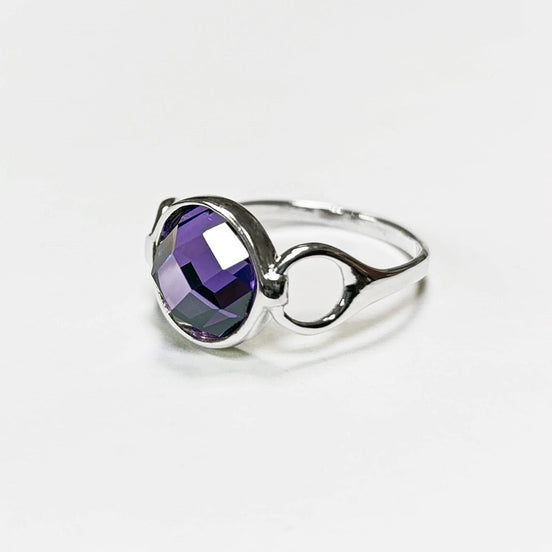 Purple Ring, Sterling Silver, Amethyst Color Round Stone (CZ), Unique Faceted Round Stone, Original Solitaire Violet Stone Jewelry