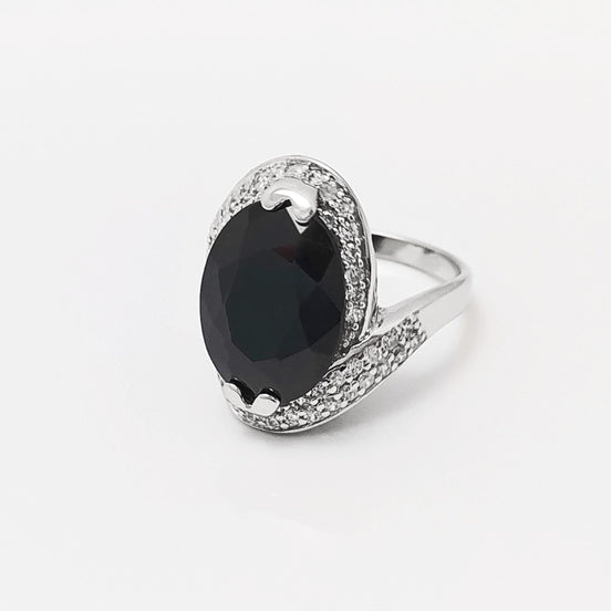 Crossing Ring, Sterling Silver, Bypass Bicolor Black white Stones Band, Cocktail Stone (CZ) Cross Ring, Statement Woman Ring, Bold Ring