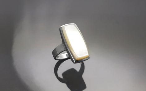 Sterling Silver Rectangle Mother-of-Pearl Ring, Modern Statement Jewelry