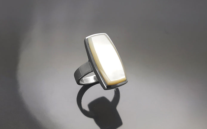 Sterling Silver Rectangle Mother-of-Pearl Ring, Modern Statement Jewelry