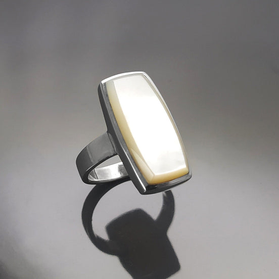 Sterling Silver Rectangle Mother-of-Pearl Ring, Modern Statement Jewelry