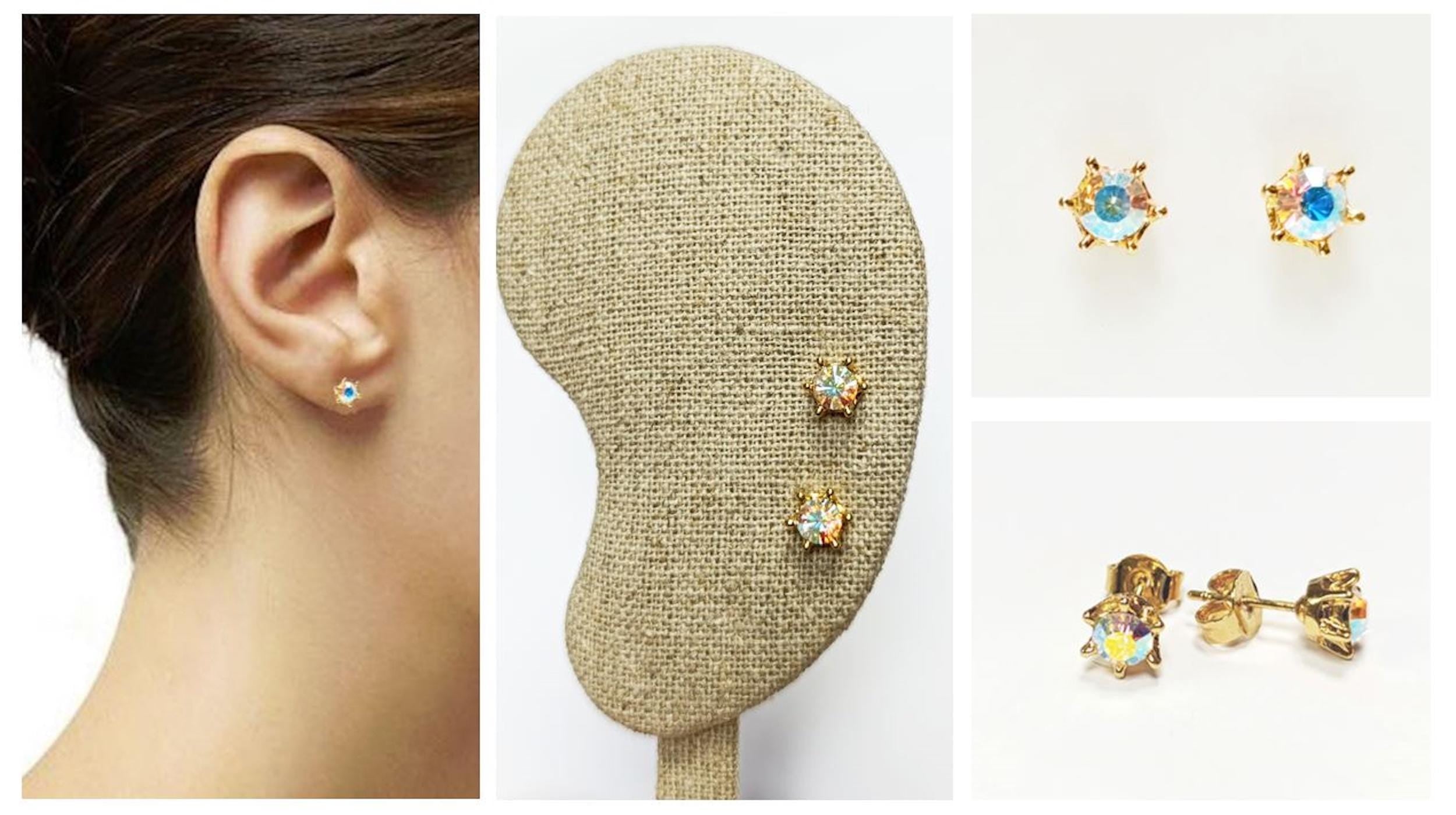 Rainbow Opal Stud Earrings by KRAMIKE • 18K Gold-Plated Elegant Clear Iridescent Cz Stone • Everyday Jewelry • Minimalist 6mm or 4mm Studs