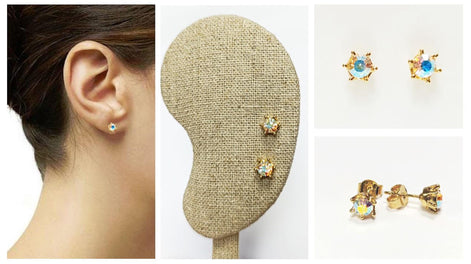 Rainbow Opal Stud Earrings by KRAMIKE • 18K Gold-Plated Elegant Clear Iridescent Cz Stone • Everyday Jewelry • Minimalist 6mm or 4mm Studs