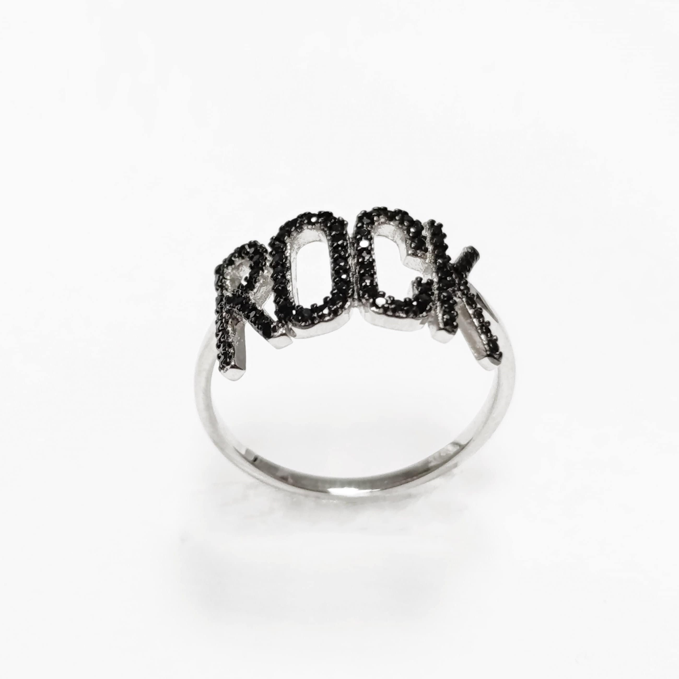 Rock music ring, sterling silver, black lab stone (cz) stone, rock and roll fanatic lover jewelry, rebel rock 'n' roll fan, women gift