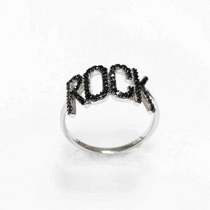 Rock music ring, sterling silver, black lab stone (cz) stone, rock and roll fanatic lover jewelry, rebel rock 'n' roll fan, women gift