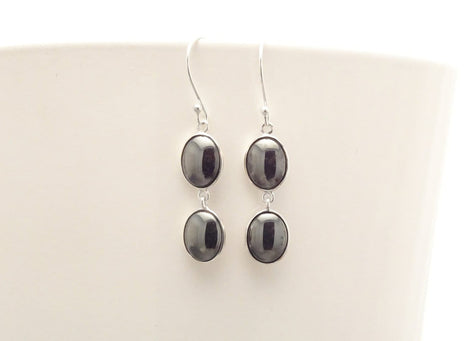 Gray Hematite Stone Earrings, Sterling Silver, NATURAL Grey Hematite Gemstone, Minimalist Modern Jewelry, Dangle Drop Oval 2 Stones Earrings