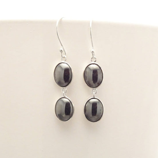Gray Hematite Stone Earrings, Sterling Silver, NATURAL Grey Hematite Gemstone, Minimalist Modern Jewelry, Dangle Drop Oval 2 Stones Earrings