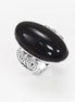 Top side view — Sterling Silver ring with a large oval black onyx stone. The ring has a decorative spiral pattern on the side of the band.
• Metal: 925 sterling silver
• Stone: black onyx (cabochon)
• Stone size: 15×30 mm (approx.)
• Ring face: 15×30 mm | Band width: 3 mm
• Finish: high polish
• Handmade: yes | Country: FR
• Packaging: gift box | Resizing: on request