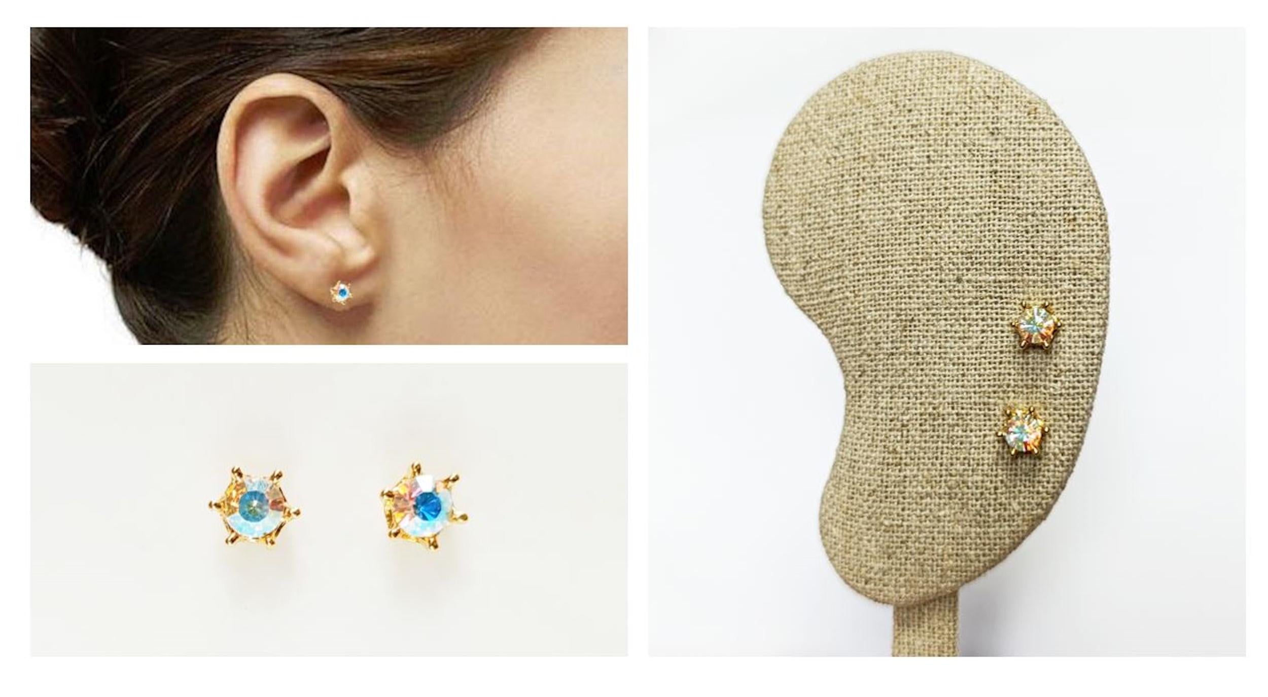 Rainbow Opal Stud Earrings by KRAMIKE • 18K Gold-Plated Elegant Clear Iridescent Cz Stone • Everyday Jewelry • Minimalist 6mm or 4mm Studs